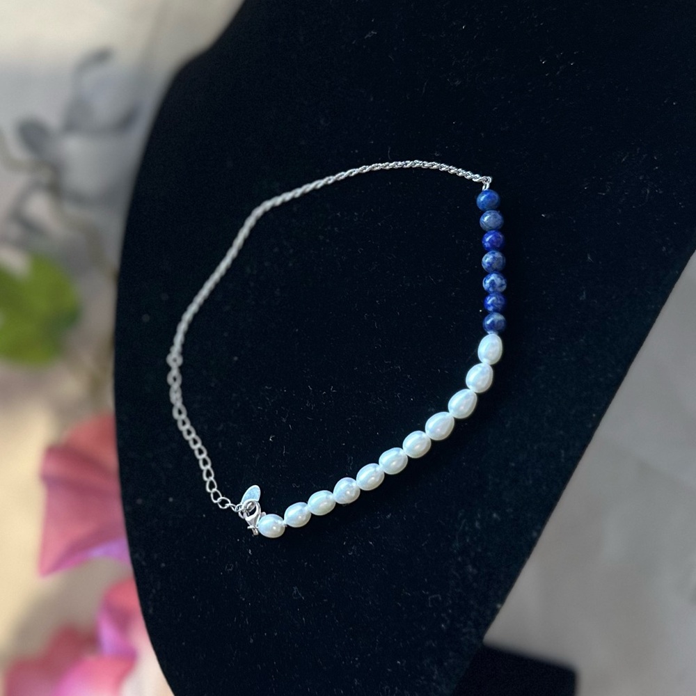 Pearl Beads and Lapiz Lazuli Silver Anklet